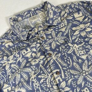 LL Bean Mens Large Blue Beige Aztec Floral Hawaiian Short Sleeve Button Up Shirt